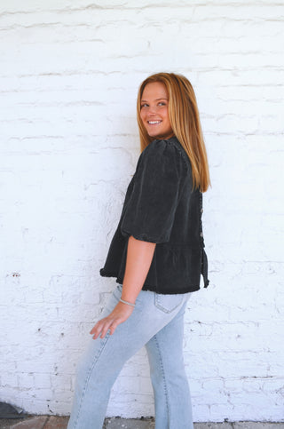 Beck Denim Ruffle Blouse - Boutique EllaPar