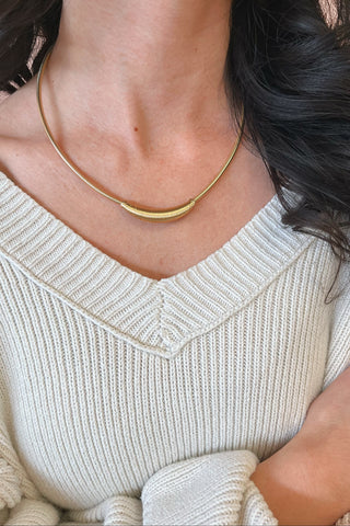 Close-up of a person wearing a gold necklace and beige sweater.