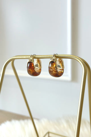 Pair of amber-colored earrings on a gold stand against a light background